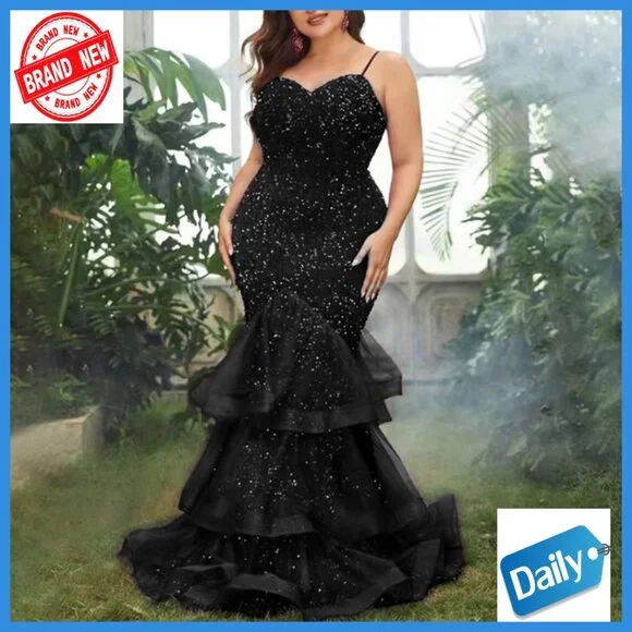 Sequin Mesh Maxi Dress Sleeveless Formal Gown Plus Size Mermaid Fishtail
